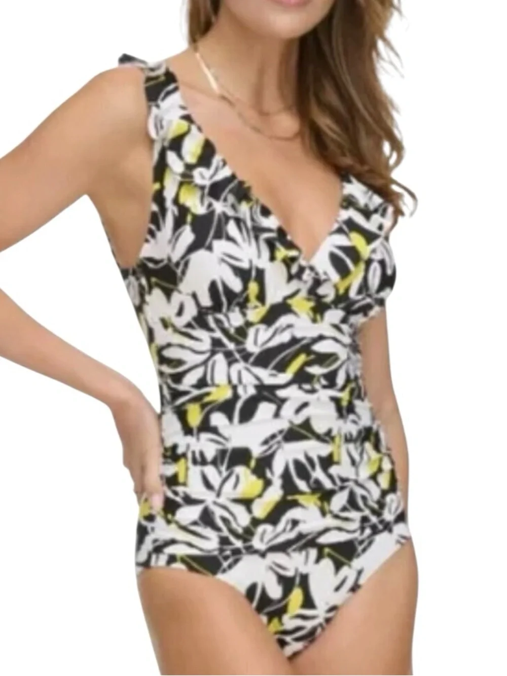 DKNY Ruffle Neck One Piece Swimsuit Fluro Yellow Multi Black Medium New - Picture 2 of 8